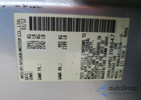 2012 Nissan Altima Base from USA, damaged, VIN 1N4AL2AP9CC208647